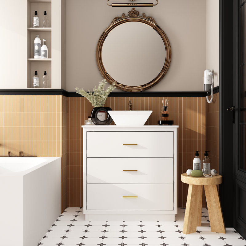 Mercer41 Modern White Bathroom Vanity With Gold Handles And Vessel Sink ...
